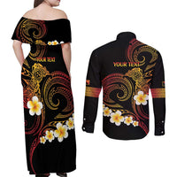 Personalised Papua New Guinea Sepik Couples Matching Off Shoulder Maxi Dress and Long Sleeve Button Shirt Plumeria Floral Tribal Pattern LT9 - Polynesian Pride