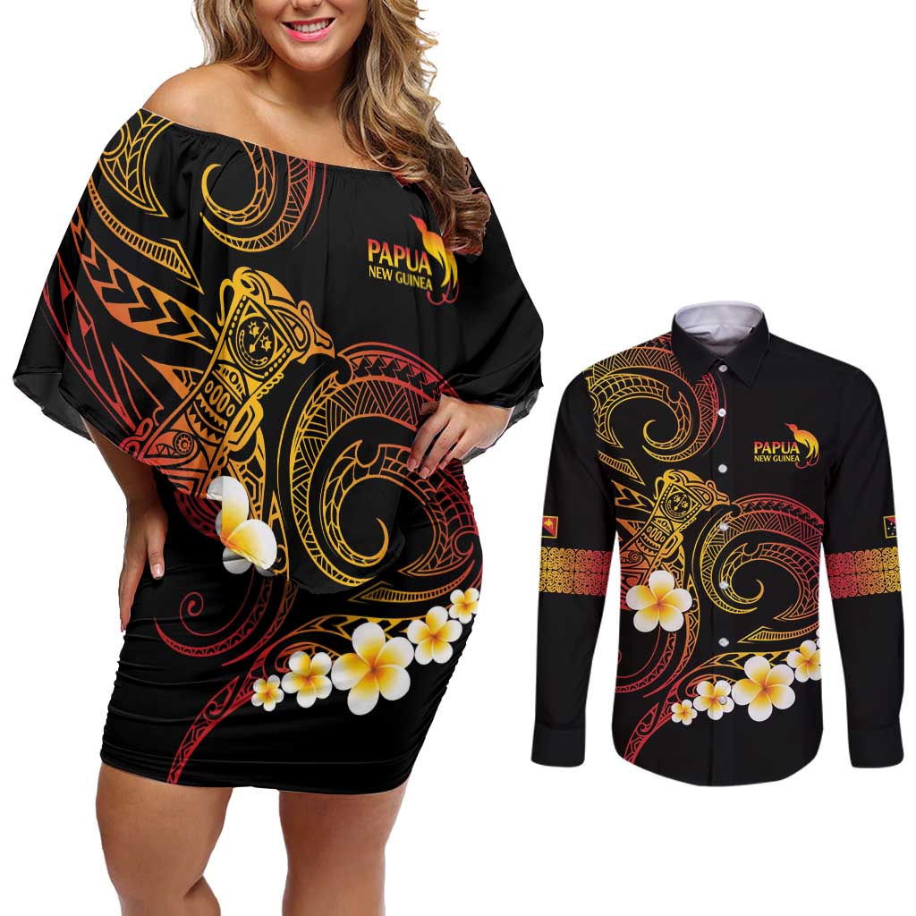 Personalised Papua New Guinea Sepik Couples Matching Off Shoulder Short Dress and Long Sleeve Button Shirt Plumeria Floral Tribal Pattern LT9 Black - Polynesian Pride