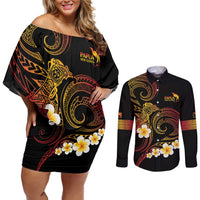 Personalised Papua New Guinea Sepik Couples Matching Off Shoulder Short Dress and Long Sleeve Button Shirt Plumeria Floral Tribal Pattern LT9 Black - Polynesian Pride