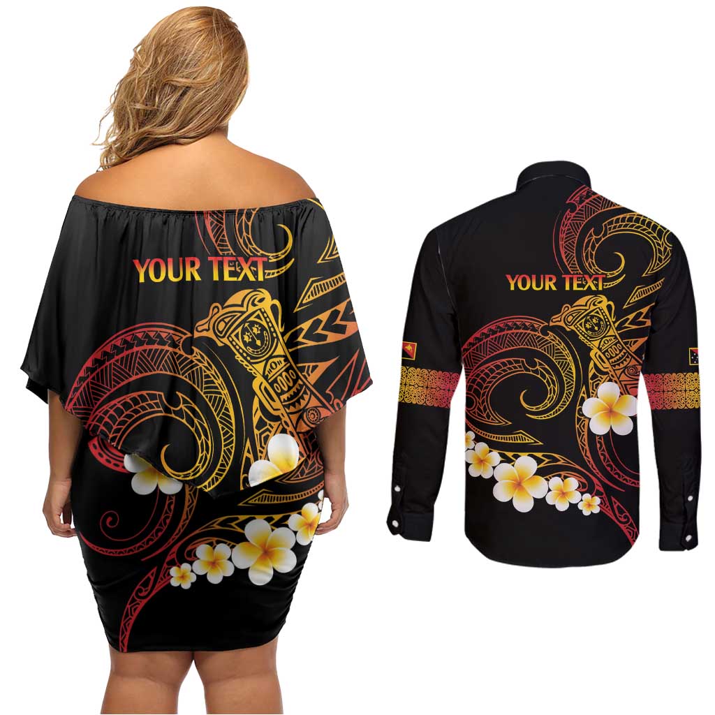 Personalised Papua New Guinea Sepik Couples Matching Off Shoulder Short Dress and Long Sleeve Button Shirt Plumeria Floral Tribal Pattern LT9 - Polynesian Pride