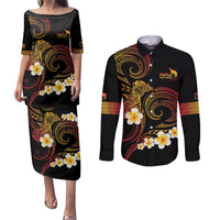Personalised Papua New Guinea Sepik Couples Matching Puletasi and Long Sleeve Button Shirt Plumeria Floral Tribal Pattern LT9 Black - Polynesian Pride