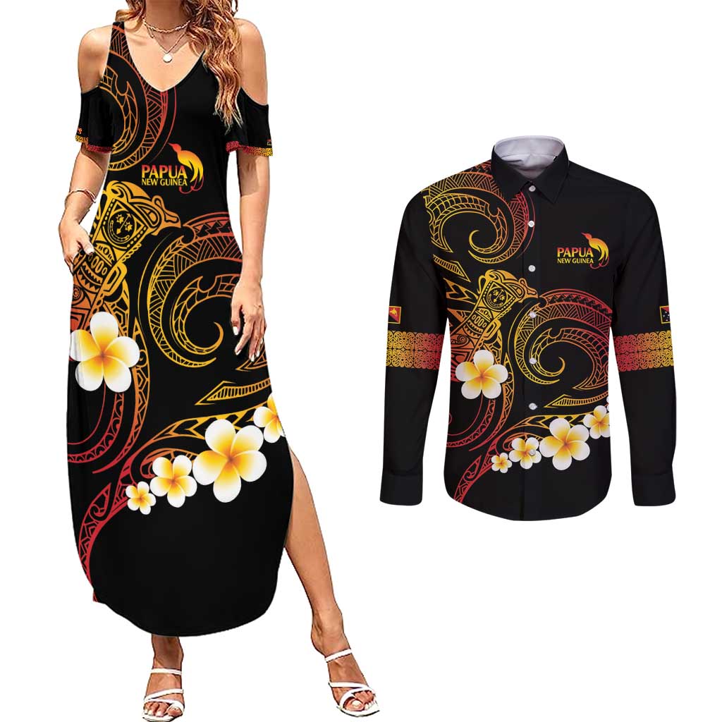 Personalised Papua New Guinea Sepik Couples Matching Summer Maxi Dress and Long Sleeve Button Shirt Plumeria Floral Tribal Pattern LT9 Black - Polynesian Pride