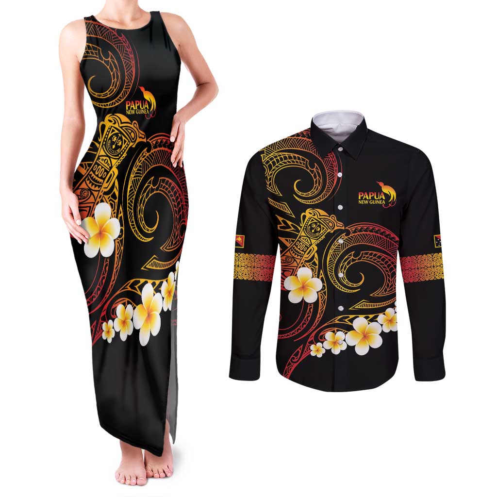 Personalised Papua New Guinea Sepik Couples Matching Tank Maxi Dress and Long Sleeve Button Shirt Plumeria Floral Tribal Pattern LT9 Black - Polynesian Pride