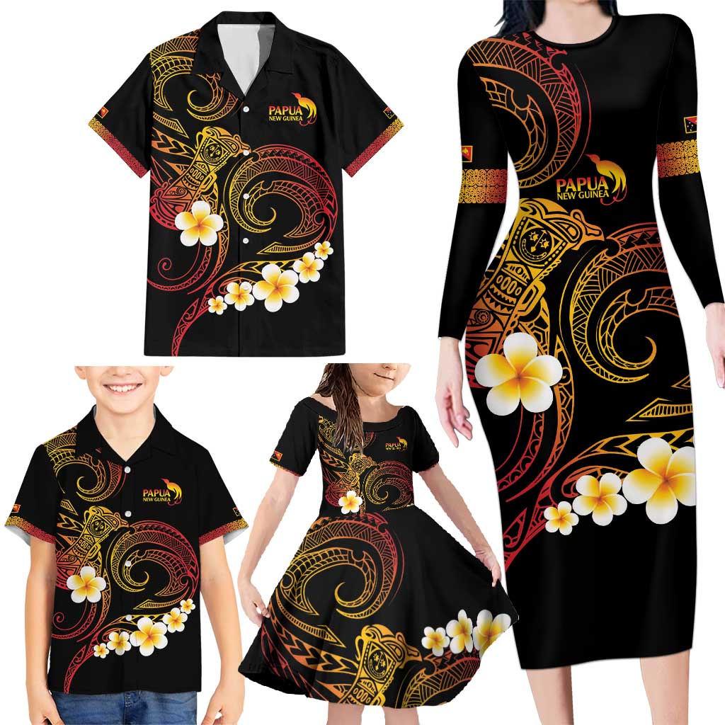 Personalised Papua New Guinea Sepik Family Matching Long Sleeve Bodycon Dress and Hawaiian Shirt Plumeria Floral Tribal Pattern - Polynesian Pride