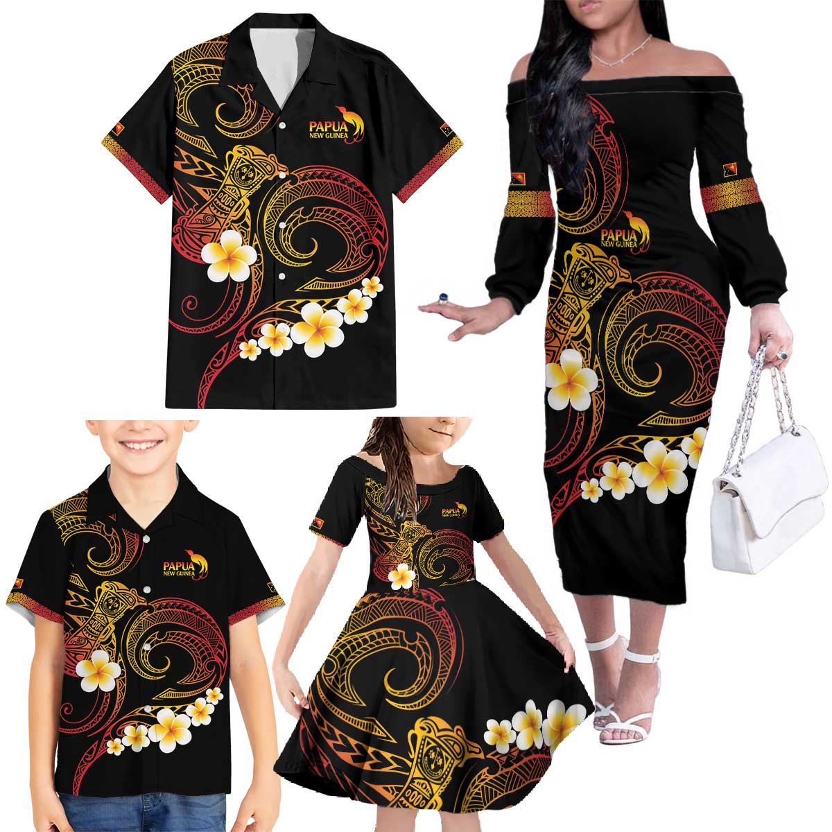 Personalised Papua New Guinea Sepik Family Matching Off The Shoulder Long Sleeve Dress and Hawaiian Shirt Plumeria Floral Tribal Pattern LT9 - Polynesian Pride