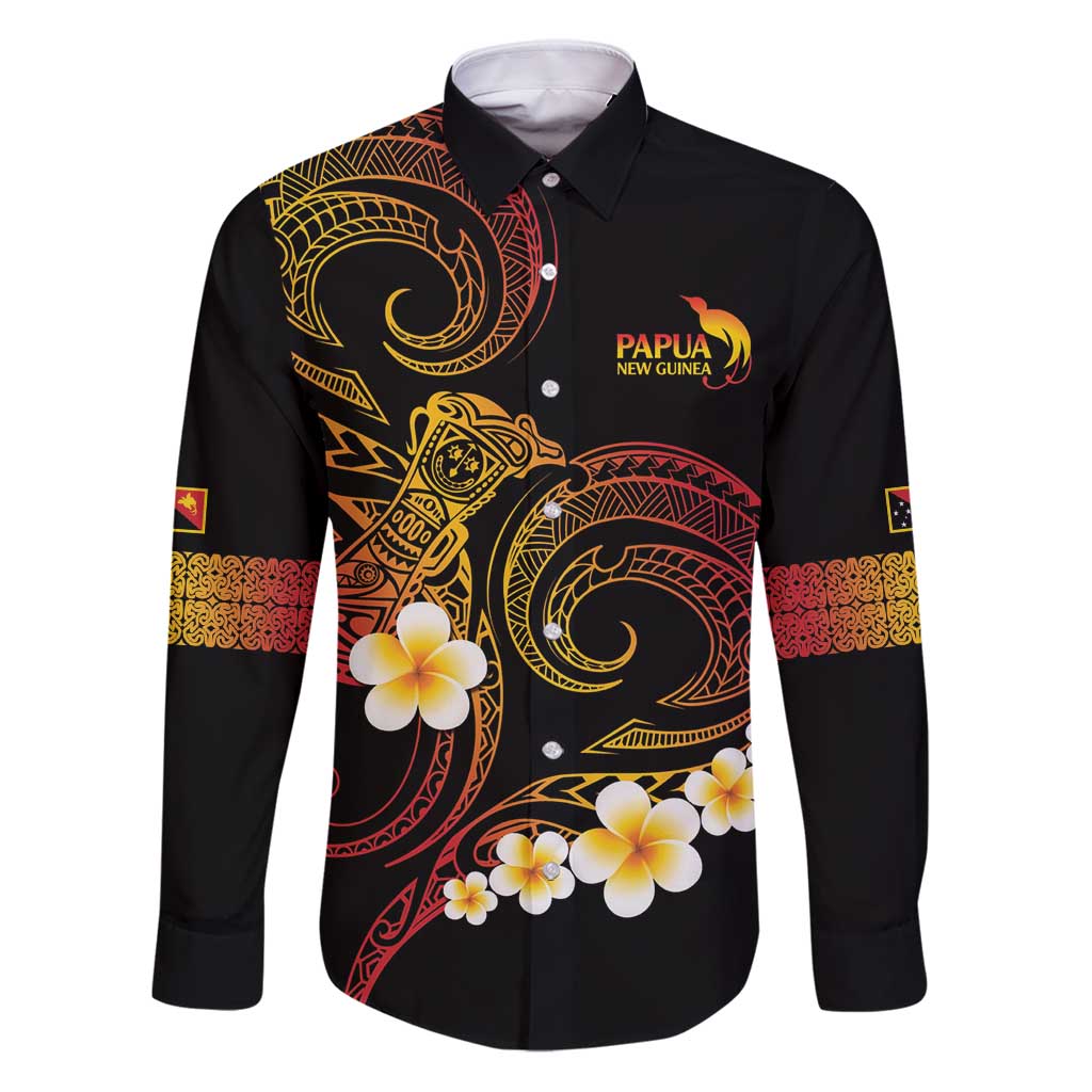 Personalised Papua New Guinea Sepik Family Matching Puletasi and Hawaiian Shirt Plumeria Floral Tribal Pattern LT9 Dad's Shirt - Long Sleeve Black - Polynesian Pride