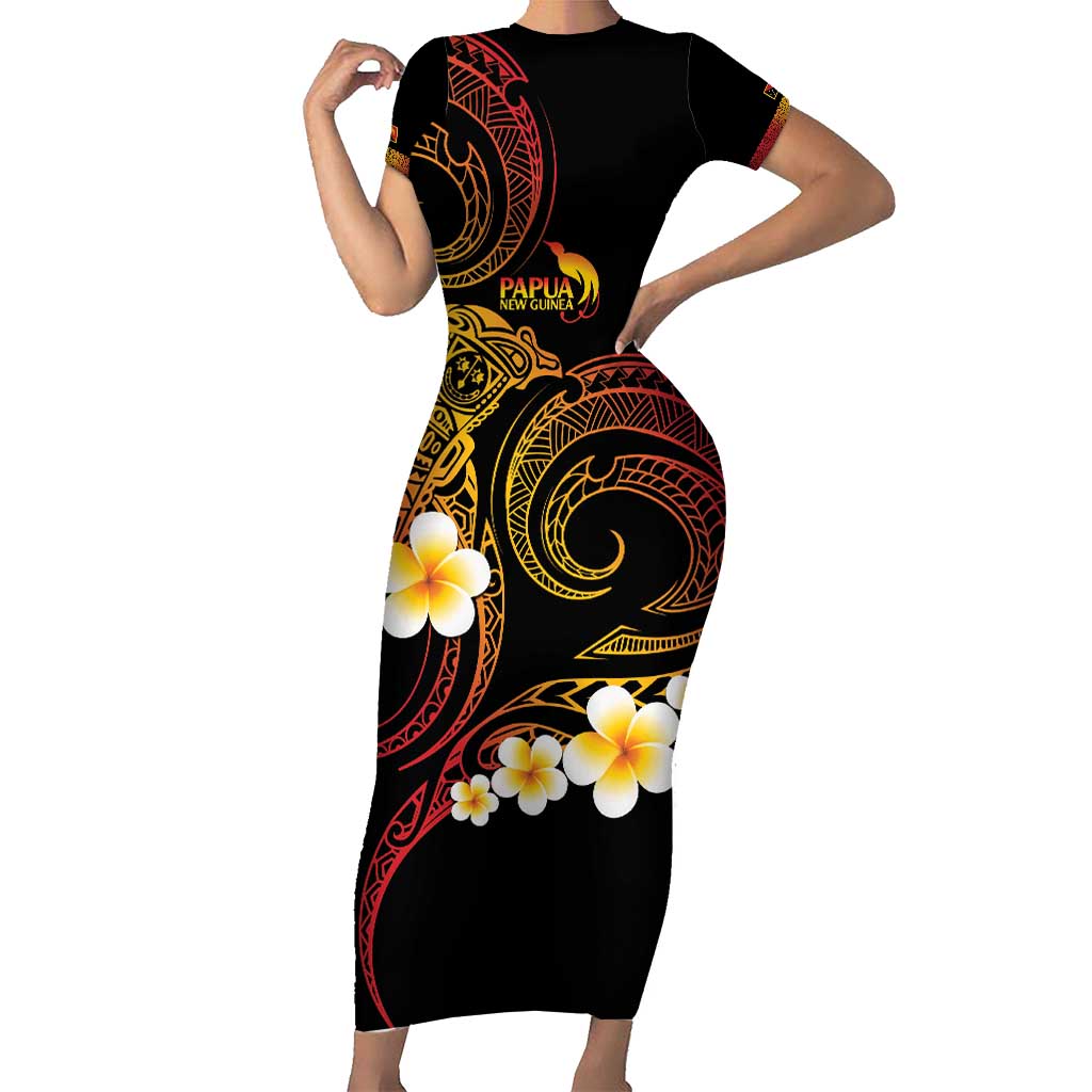 Personalised Papua New Guinea Sepik Family Matching Short Sleeve Bodycon Dress and Hawaiian Shirt Plumeria Floral Tribal Pattern LT9 Mom's Dress Black - Polynesian Pride