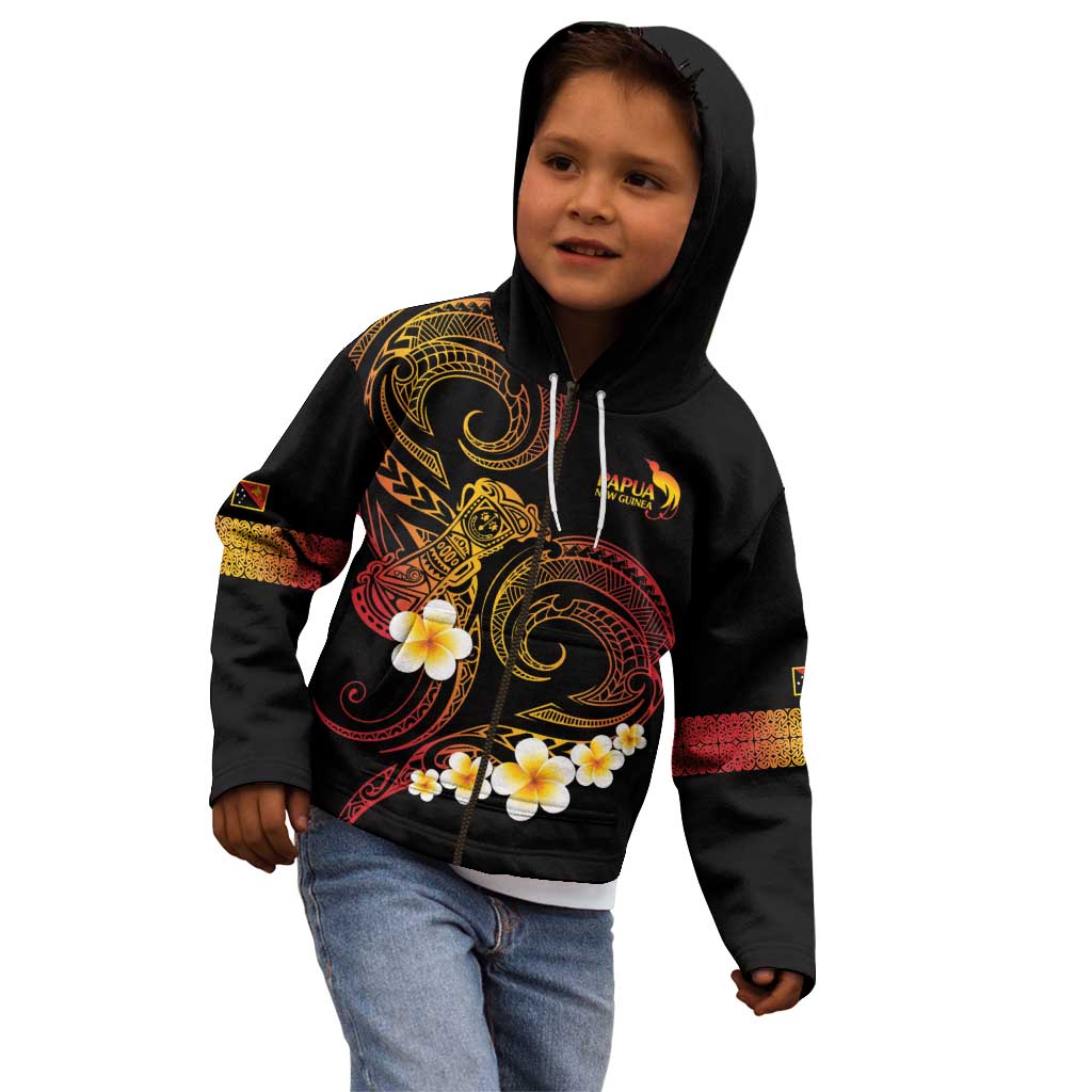 Personalised Papua New Guinea Sepik Kid Hoodie Plumeria Floral Tribal Pattern - Polynesian Pride