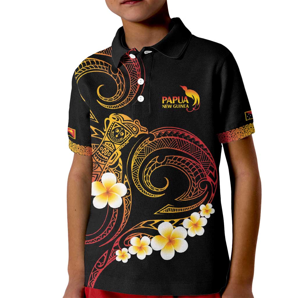 Personalised Papua New Guinea Sepik Kid Polo Shirt Plumeria Floral Tribal Pattern LT9 Kid Black - Polynesian Pride