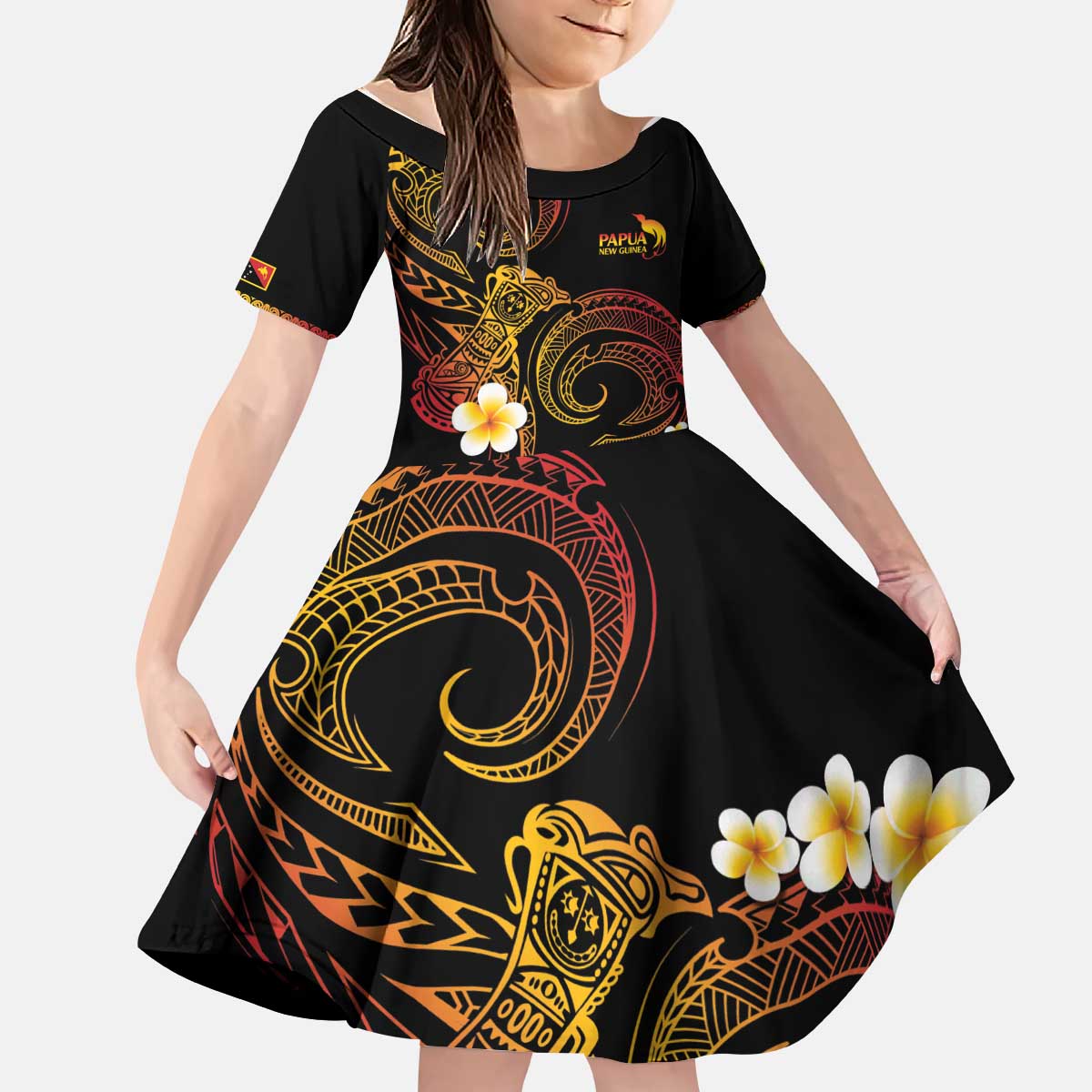 Personalised Papua New Guinea Sepik Kid Short Sleeve Dress Plumeria Floral Tribal Pattern - Polynesian Pride
