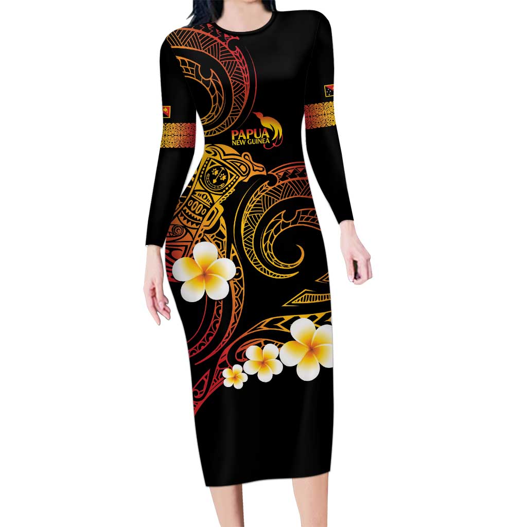 Personalised Papua New Guinea Sepik Long Sleeve Bodycon Dress Plumeria Floral Tribal Pattern LT9 Long Dress Black - Polynesian Pride