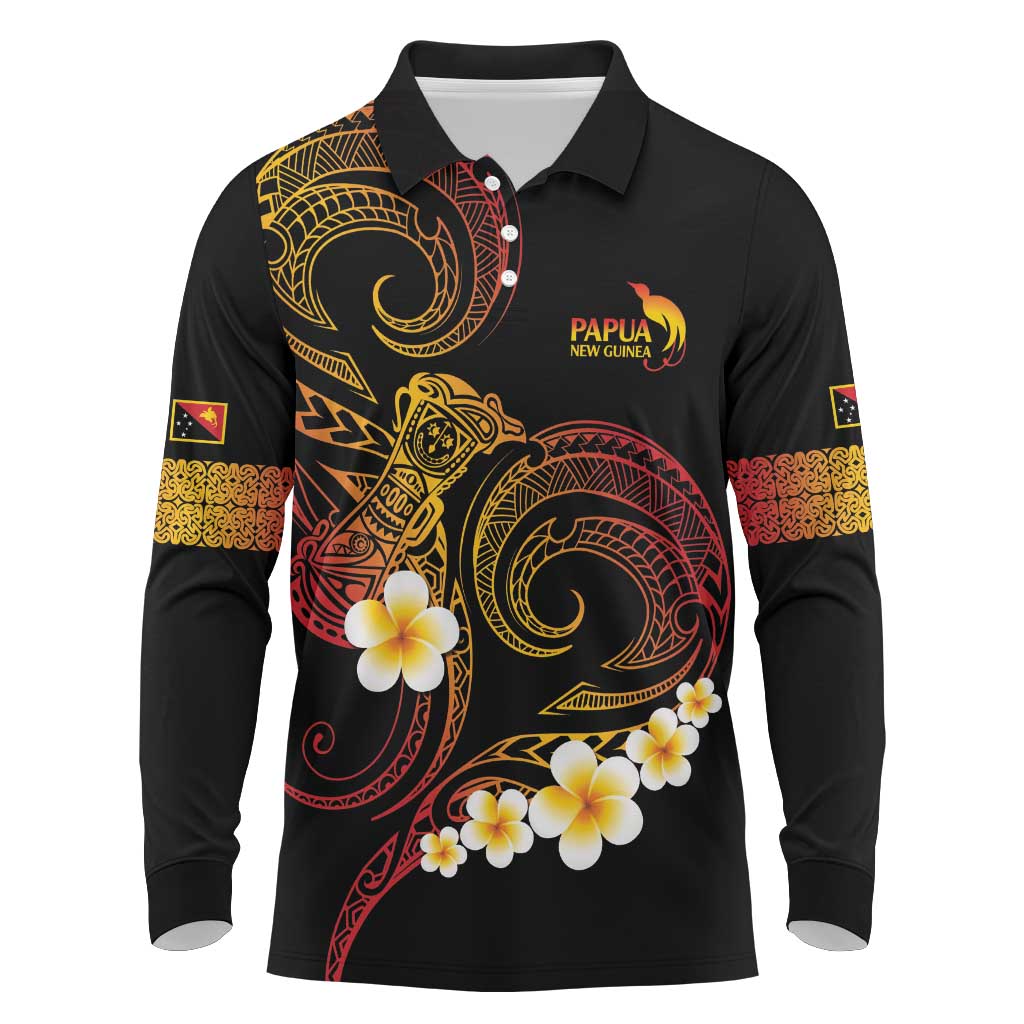 Personalised Papua New Guinea Sepik Long Sleeve Polo Shirt Plumeria Floral Tribal Pattern LT9 Black - Polynesian Pride