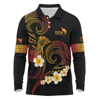Personalised Papua New Guinea Sepik Long Sleeve Polo Shirt Plumeria Floral Tribal Pattern LT9 Black - Polynesian Pride