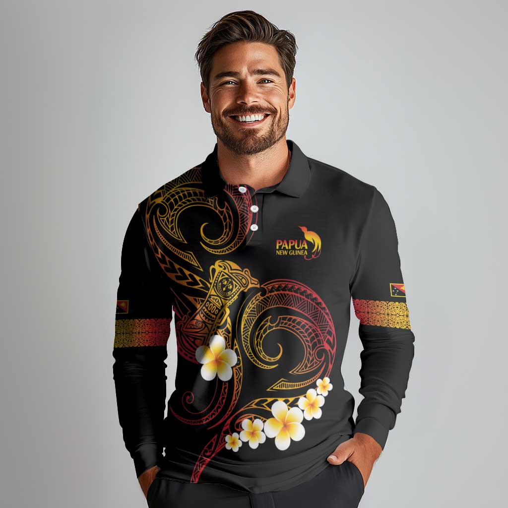 Personalised Papua New Guinea Sepik Long Sleeve Polo Shirt Plumeria Floral Tribal Pattern LT9 - Polynesian Pride