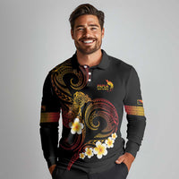 Personalised Papua New Guinea Sepik Long Sleeve Polo Shirt Plumeria Floral Tribal Pattern LT9 - Polynesian Pride
