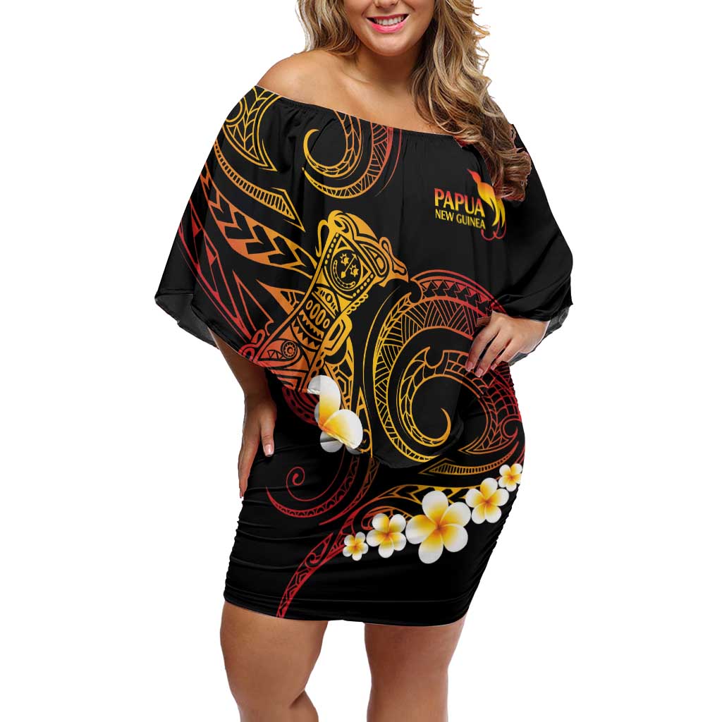 Personalised Papua New Guinea Sepik Off Shoulder Short Dress Plumeria Floral Tribal Pattern LT9 Women Black - Polynesian Pride
