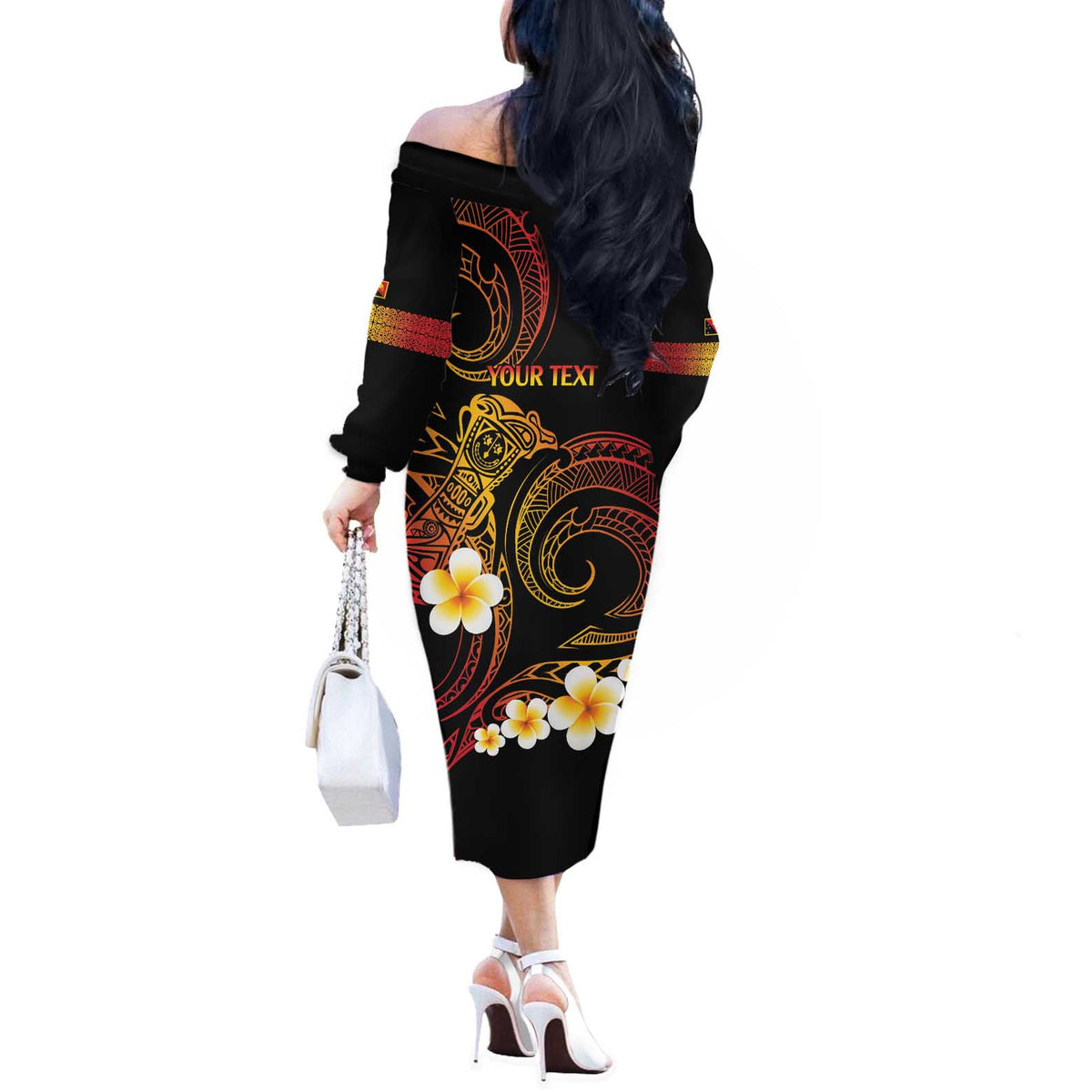 Personalised Papua New Guinea Sepik Off The Shoulder Long Sleeve Dress Plumeria Floral Tribal Pattern LT9 - Polynesian Pride