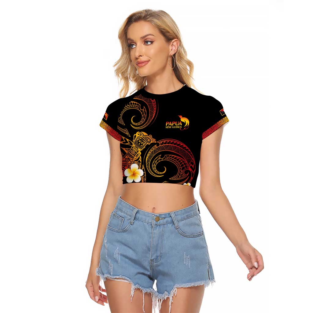 Personalised Papua New Guinea Sepik Raglan Cropped T Shirt Plumeria Floral Tribal Pattern LT9 Female Black - Polynesian Pride