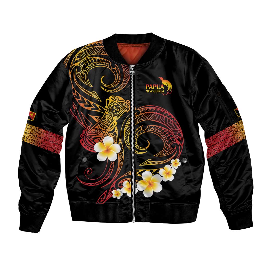 Personalised Papua New Guinea Sepik Sleeve Zip Bomber Jacket Plumeria Floral Tribal Pattern LT9 Unisex Black - Polynesian Pride