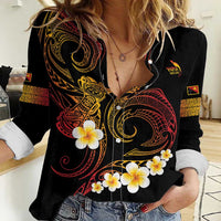 Personalised Papua New Guinea Sepik Women Casual Shirt Plumeria Floral Tribal Pattern LT9 Female Black - Polynesian Pride