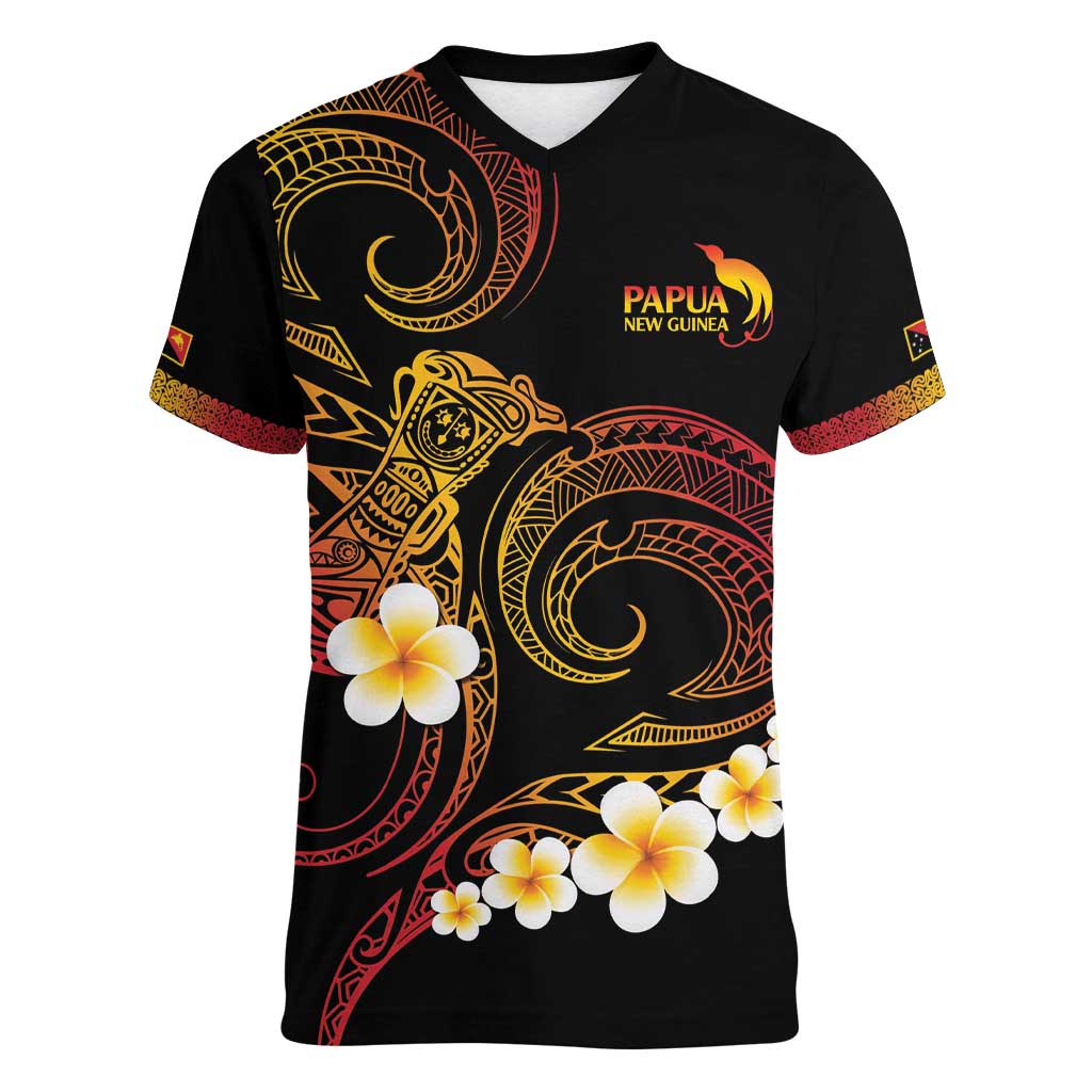 Personalised Papua New Guinea Sepik Women V-Neck T-Shirt Plumeria Floral Tribal Pattern LT9 Female Black - Polynesian Pride