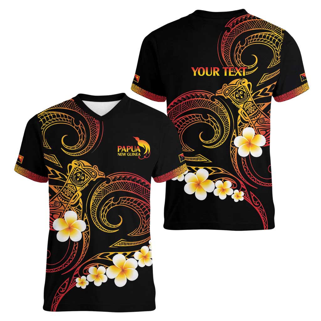 Personalised Papua New Guinea Sepik Women V-Neck T-Shirt Plumeria Floral Tribal Pattern LT9 - Polynesian Pride