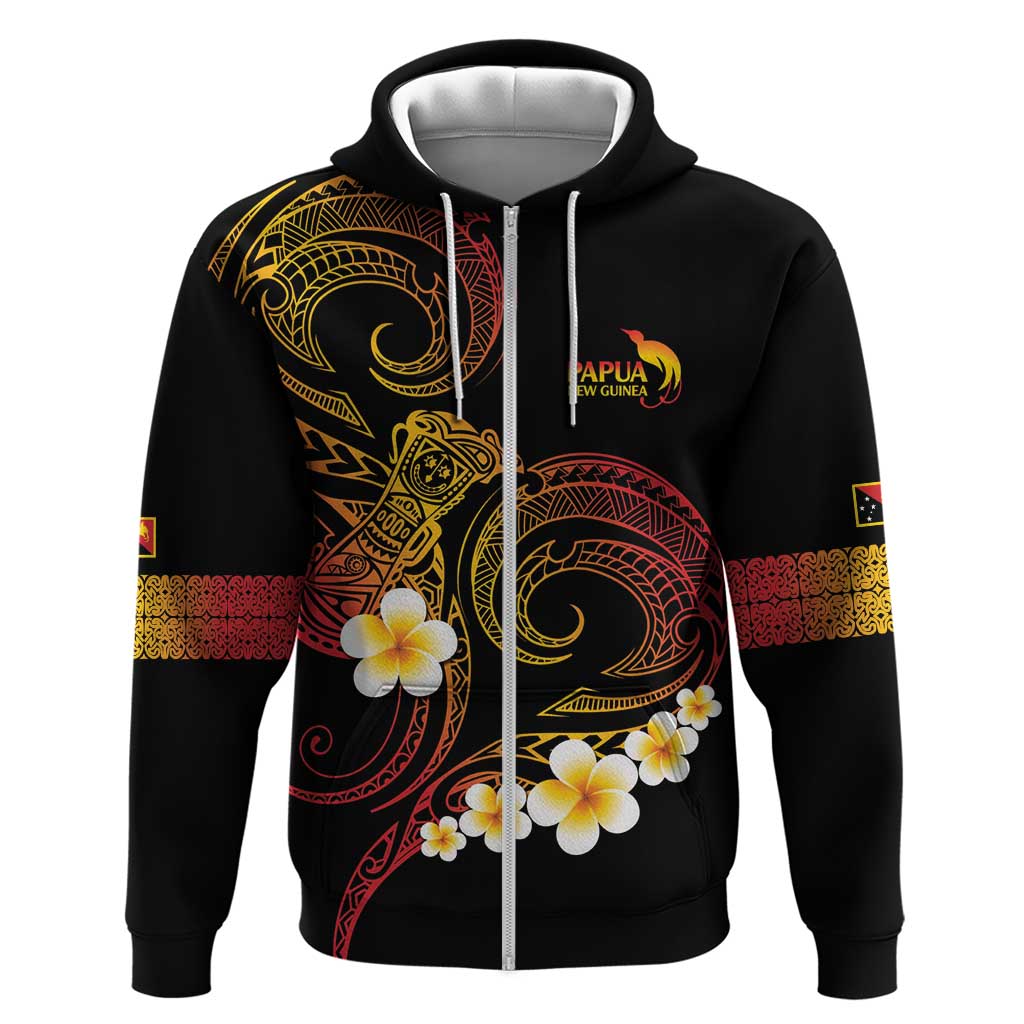 Personalised Papua New Guinea Sepik Zip Hoodie Plumeria Floral Tribal Pattern LT9 Zip Hoodie Black - Polynesian Pride