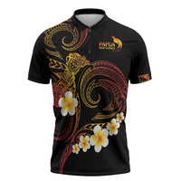 Personalised Papua New Guinea Sepik Zipper Polo Shirt Plumeria Floral Tribal Pattern LT9 Black - Polynesian Pride