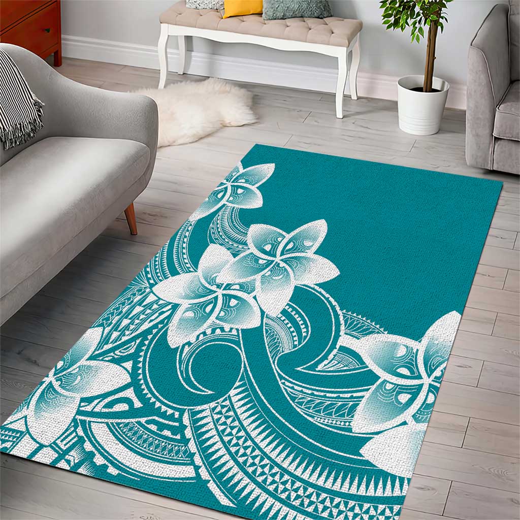 Polynesian Plumeria Flowers Tribal Area Rug Pacific Tattoo Teal Style - Polynesian Pride