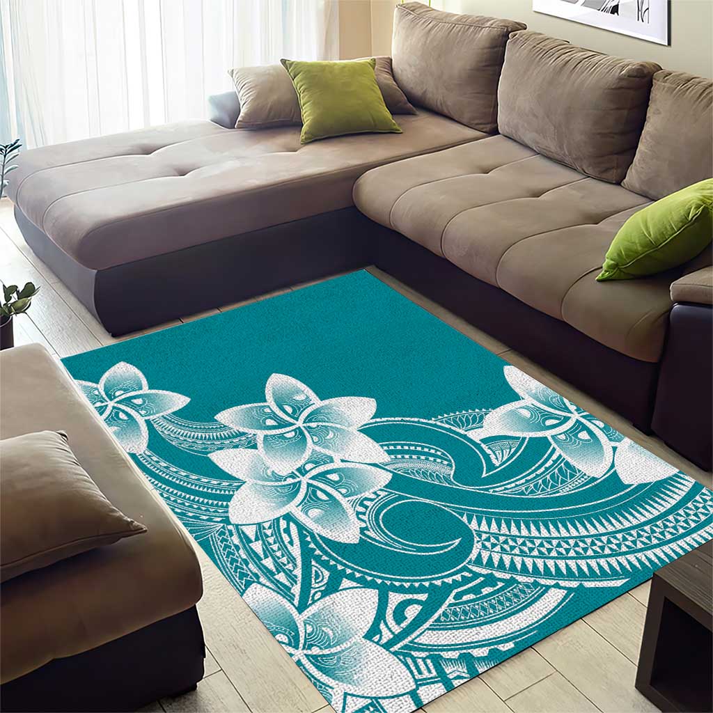 Polynesian Plumeria Flowers Tribal Area Rug Pacific Tattoo Teal Style - Polynesian Pride
