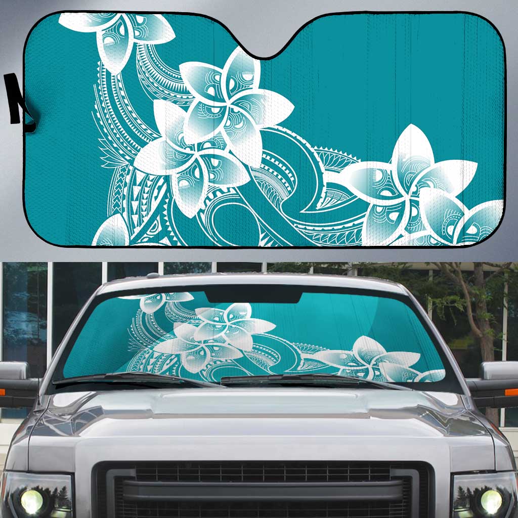 Polynesian Plumeria Flowers Tribal Auto Sun Shade Pacific Tattoo Teal Style - Polynesian Pride