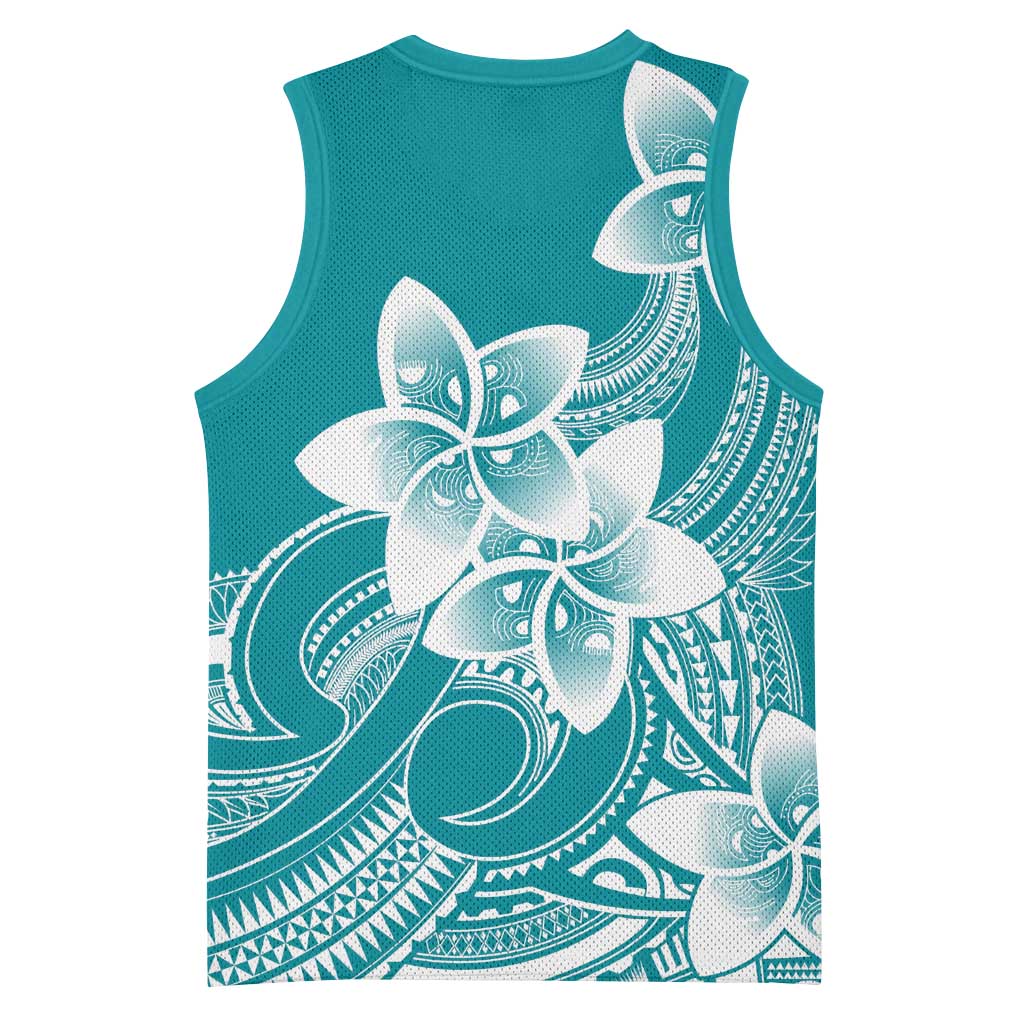 Polynesian Plumeria Flowers Tribal Basketball Jersey Pacific Tattoo Teal Style - Polynesian Pride
