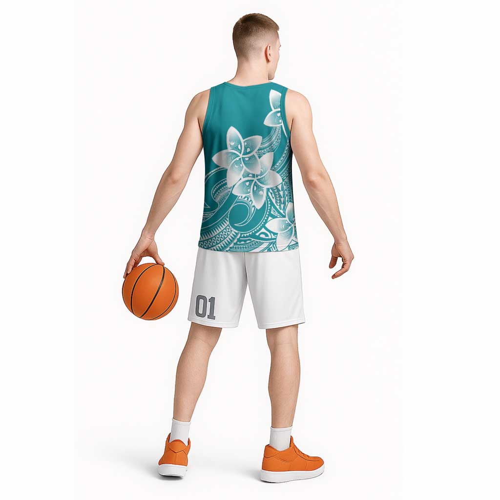 Polynesian Plumeria Flowers Tribal Basketball Jersey Pacific Tattoo Teal Style - Polynesian Pride