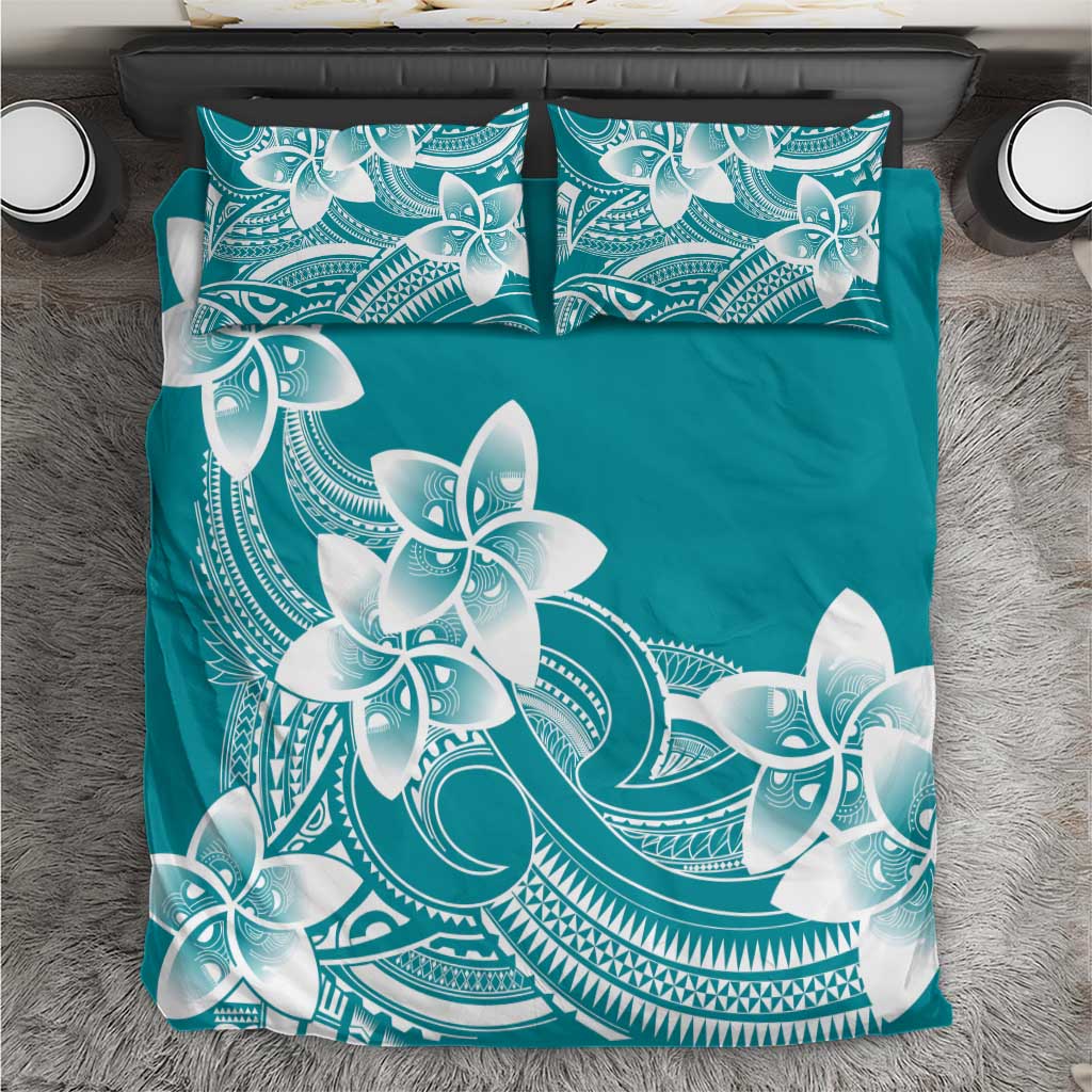 Polynesian Plumeria Flowers Tribal Bedding Set Pacific Tattoo Teal Style - Polynesian Pride