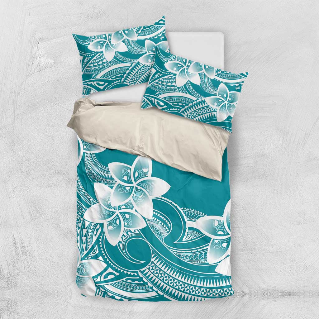 Polynesian Plumeria Flowers Tribal Bedding Set Pacific Tattoo Teal Style - Polynesian Pride
