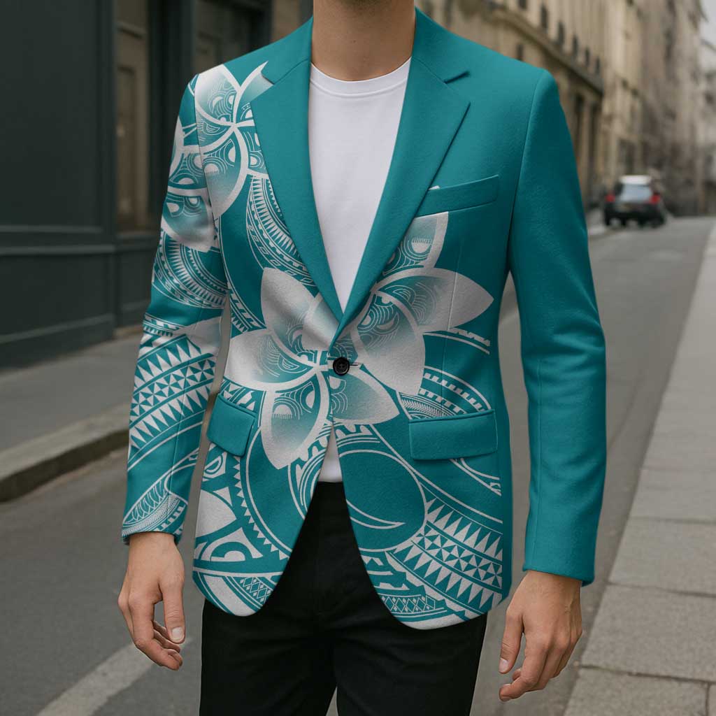 Polynesian Plumeria Flowers Tribal Blazer Pacific Tattoo Teal Style - Polynesian Pride