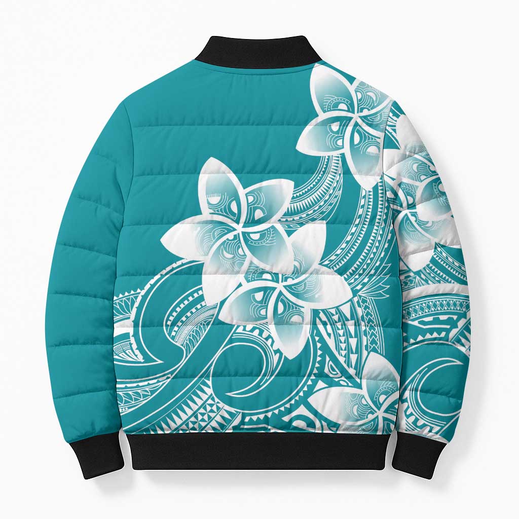Polynesian Plumeria Flowers Tribal Bomber Puffer Jacket Pacific Tattoo Teal Style - Polynesian Pride