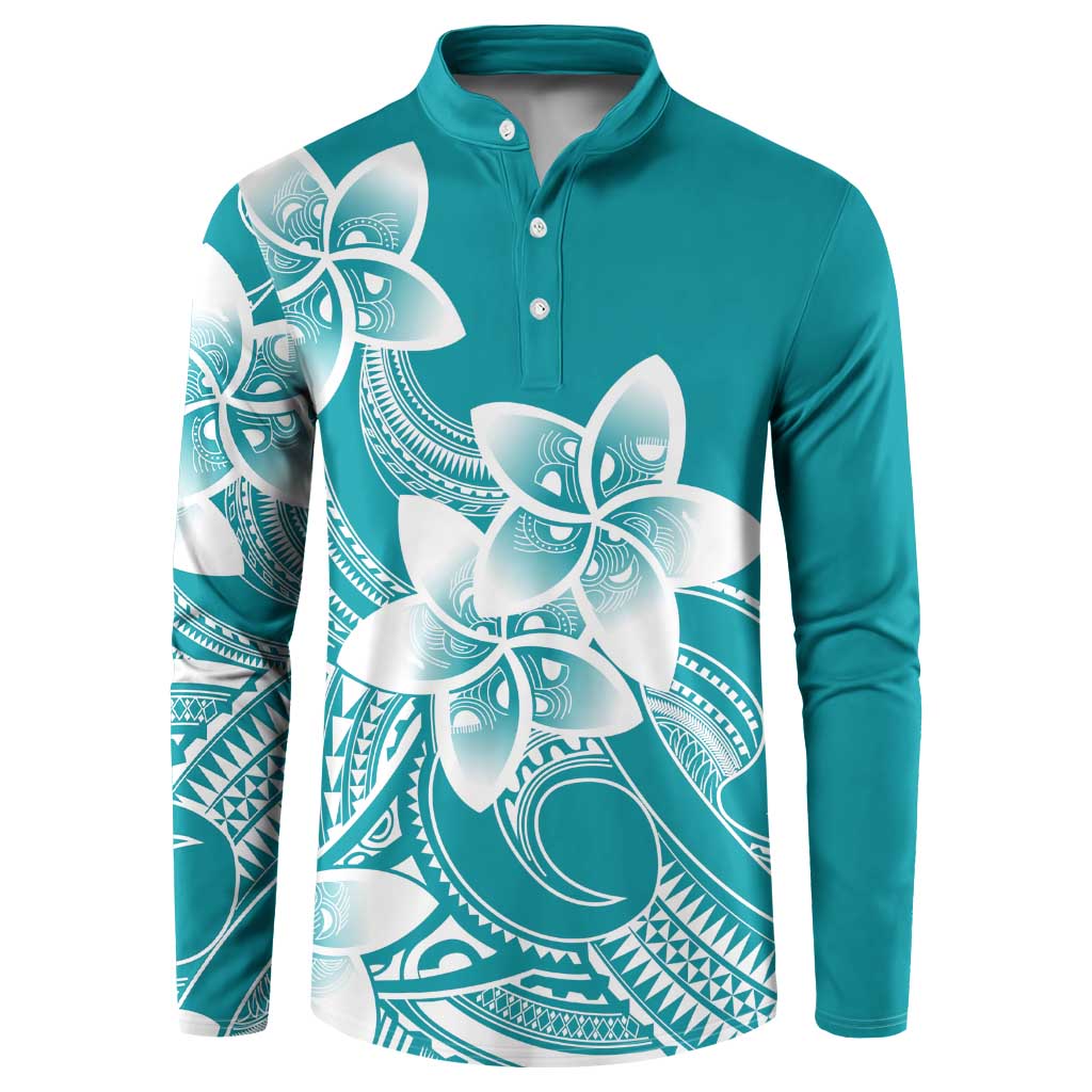 Polynesian Plumeria Flowers Tribal Button Sweatshirt Pacific Tattoo Teal Style - Polynesian Pride