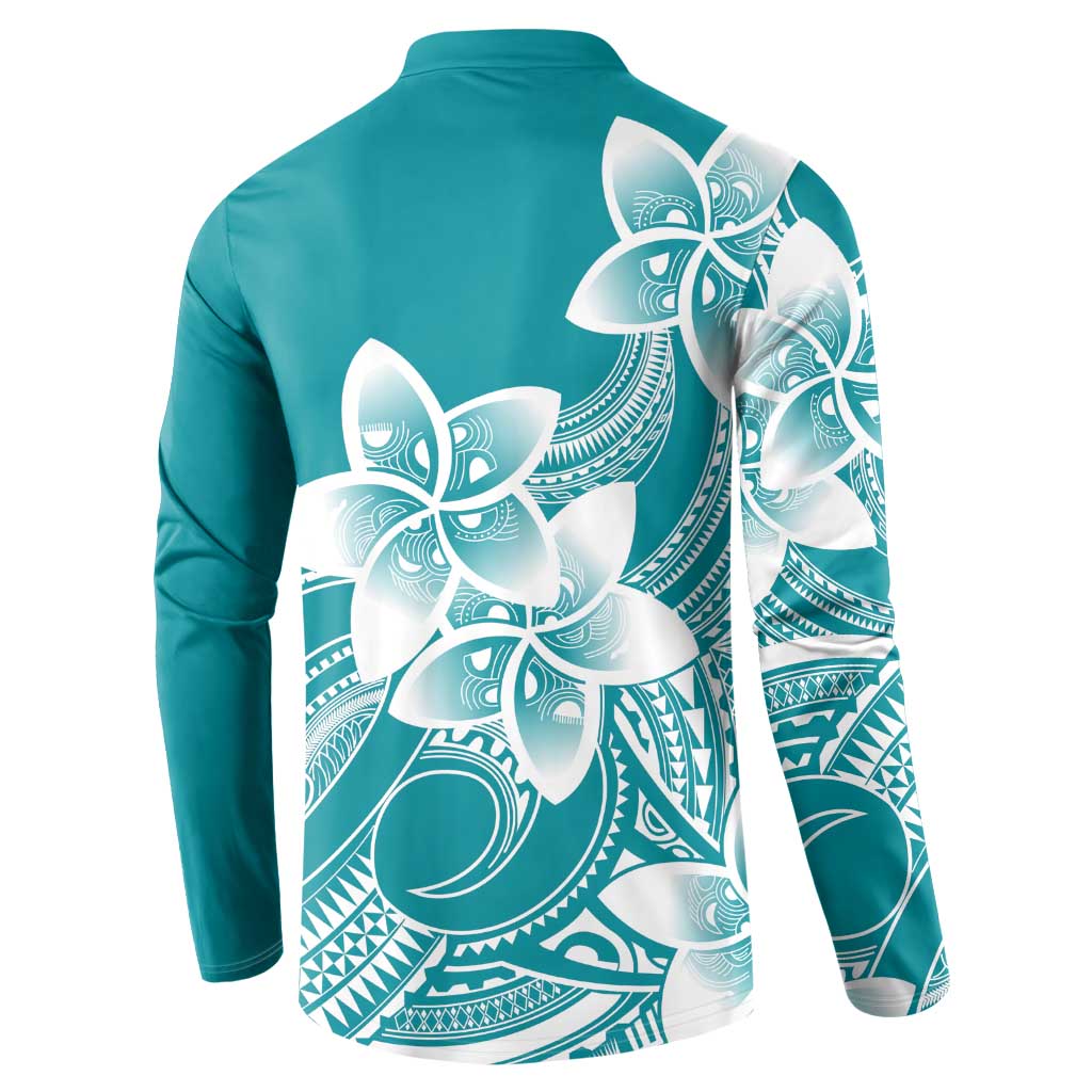 Polynesian Plumeria Flowers Tribal Button Sweatshirt Pacific Tattoo Teal Style - Polynesian Pride