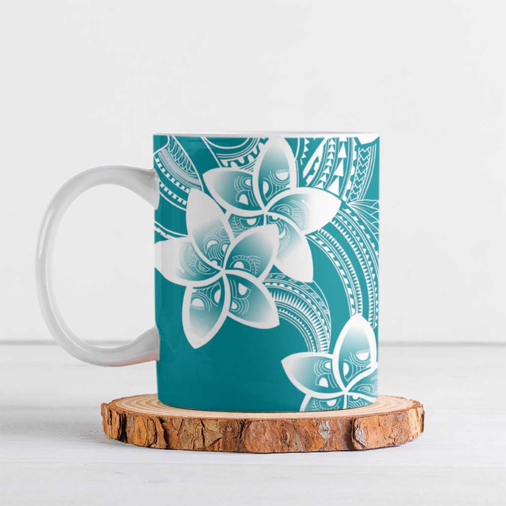 Polynesian Plumeria Flowers Tribal Ceramic Mug Pacific Tattoo Teal Style - Polynesian Pride
