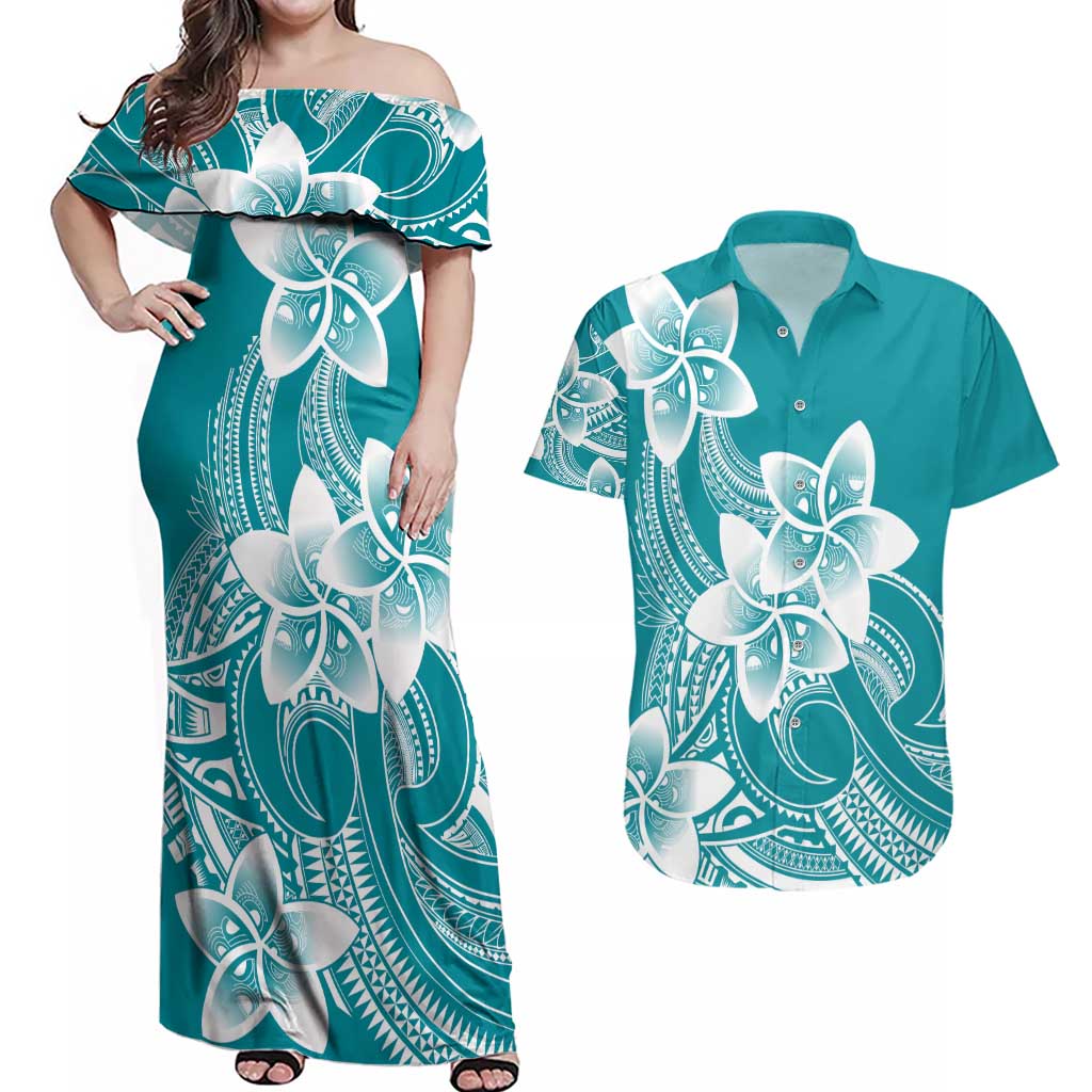 Polynesian Plumeria Flowers Tribal Couples Matching Off Shoulder Maxi Dress and Hawaiian Shirt Pacific Tattoo Teal Style - Polynesian Pride