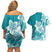 Polynesian Plumeria Flowers Tribal Couples Matching Off Shoulder Short Dress and Hawaiian Shirt Pacific Tattoo Teal Style - Polynesian Pride