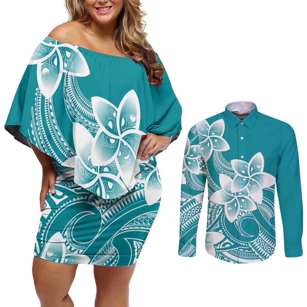 Polynesian Plumeria Flowers Tribal Couples Matching Off Shoulder Short Dress and Long Sleeve Button Shirt Pacific Tattoo Teal Style - Polynesian Pride