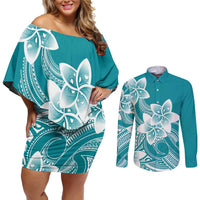 Polynesian Plumeria Flowers Tribal Couples Matching Off Shoulder Short Dress and Long Sleeve Button Shirt Pacific Tattoo Teal Style - Polynesian Pride
