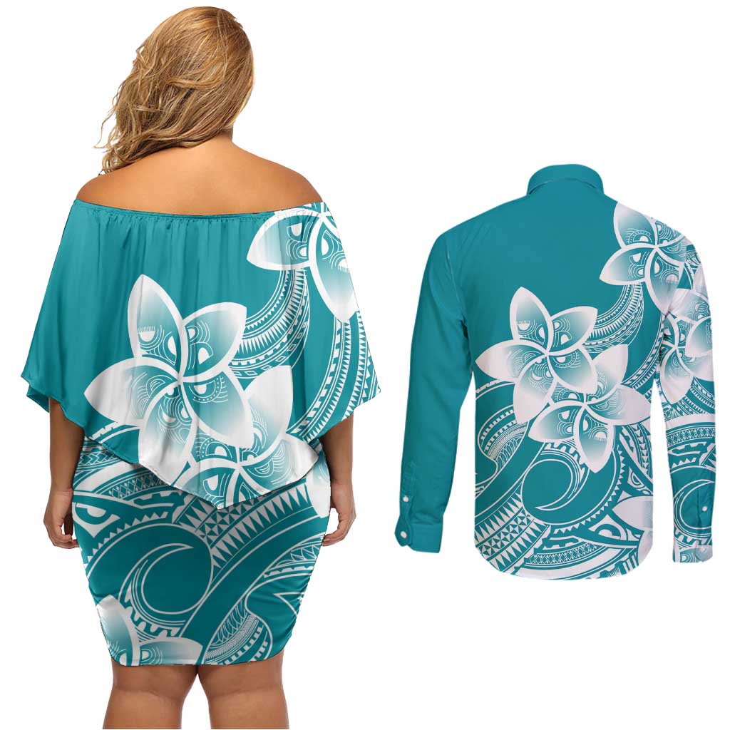 Polynesian Plumeria Flowers Tribal Couples Matching Off Shoulder Short Dress and Long Sleeve Button Shirt Pacific Tattoo Teal Style - Polynesian Pride