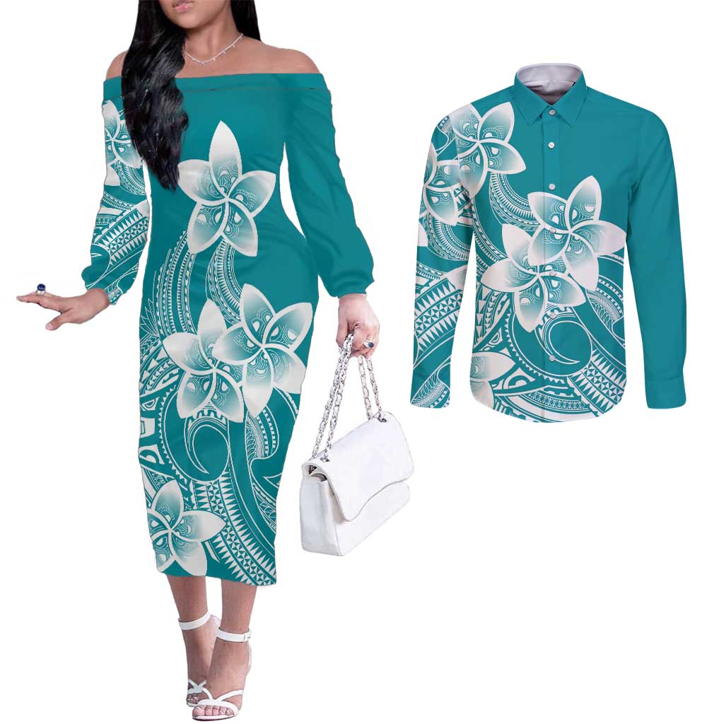 Polynesian Plumeria Flowers Tribal Couples Matching Off The Shoulder Long Sleeve Dress and Long Sleeve Button Shirt Pacific Tattoo Teal Style - Polynesian Pride