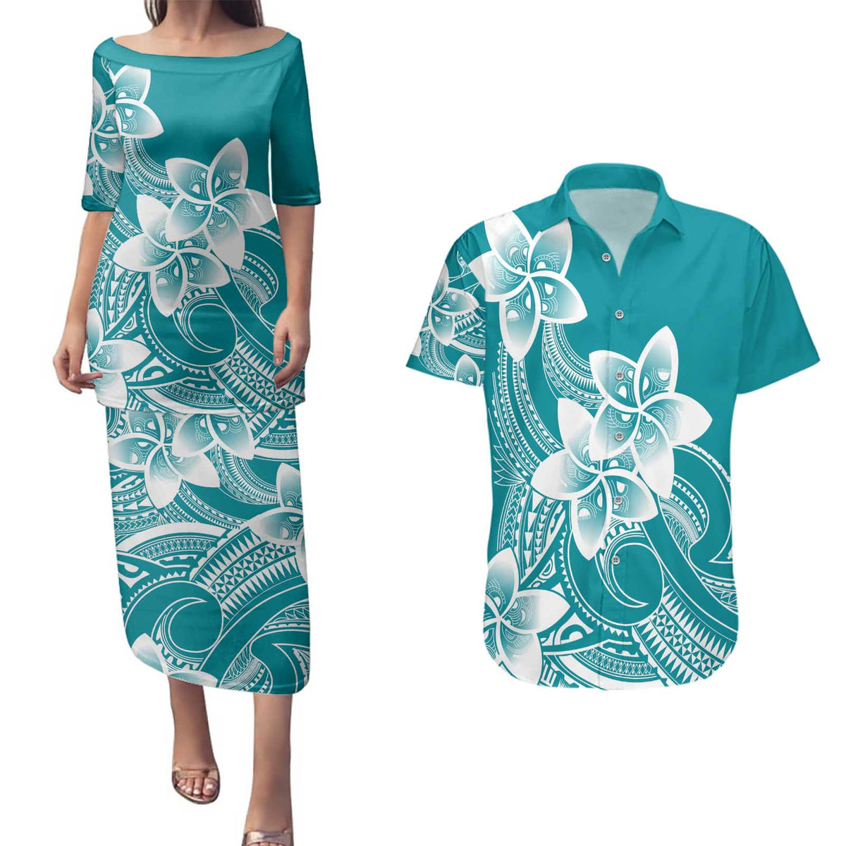 Polynesian Plumeria Flowers Tribal Couples Matching Puletasi and Hawaiian Shirt Pacific Tattoo Teal Style - Polynesian Pride