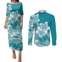 Polynesian Plumeria Flowers Tribal Couples Matching Puletasi and Long Sleeve Button Shirt Pacific Tattoo Teal Style - Polynesian Pride