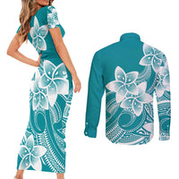 Polynesian Plumeria Flowers Tribal Couples Matching Short Sleeve Bodycon Dress and Long Sleeve Button Shirt Pacific Tattoo Teal Style - Polynesian Pride