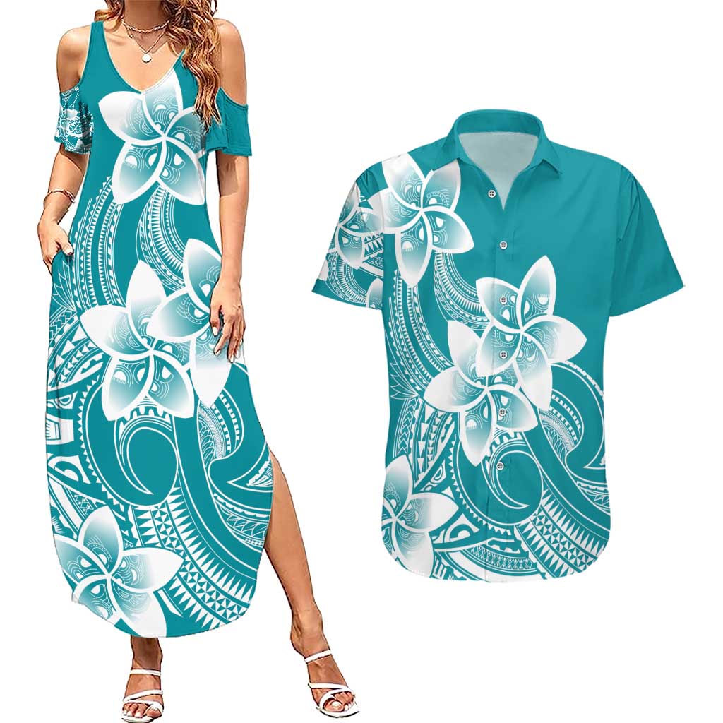 Polynesian Plumeria Flowers Tribal Couples Matching Summer Maxi Dress and Hawaiian Shirt Pacific Tattoo Teal Style - Polynesian Pride